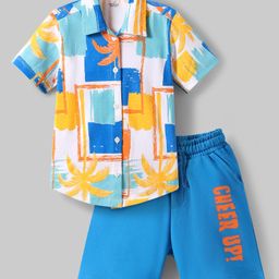 OLLINGTON ST. Cotton Text Printed Half Sleeves Shirt & Knit Shorts Set - Multicolor & Royal Blue-image-19