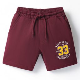 Taeko Single Jersey Knit Knee Length Shorts With Text Print - Maroon-image-3
