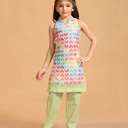 MASTARANG Cotton Sleeveless Hearts Printed Schiffli Embroidered & Lace Detailed Kurta Pant Set - Green-image-20