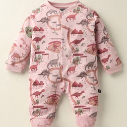 Mini Taurus Interlock Knit Full Sleeves Footed Front Open Romper With Dino Print - Pink-image-48