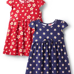 Babyhug Single Jersey Knit Cap Sleeves Frocks With Floral Print Pack Of 2 - Navy Blue & Red-image-17