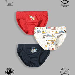TRESNOVA Cotton Pack Of 3 Anti Microbial & Smart Waistband Technology Rocket & Vehicles Printed Briefs - White Red & Navy Blue-image-79
