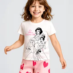 HoneyHap Disney Single Jersey Knit Half Sleeves Shorts Night Suit with Disney Princess Graphics - Pink & White-picture-9
