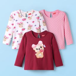 Babyhug Cotton Knit Full Sleeves T-Shirts With Bear & Polka Dot Print Pack of 3 - Pink & Maroon-image-60