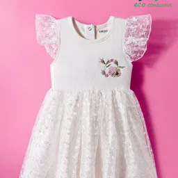 Babyoye 100% Cotton Interlock Woven Half Sleeves Party Dresses with Floral Embroidery - Offwhite-picture-20