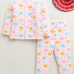BUMZEE Knit Full Sleeves Baby Elephants Printed Coordinating Tee & Joggers Set - Pink-image-41