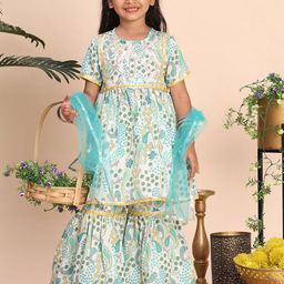 Cutiekins Girls Paisley Printed Round Neck Gotta Patti A-Line Kurta With Sharara & Dupatta-picture-47