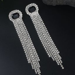 StyleCast Silver-Plated Rhinestone Studded Tasselled Oval Shaped Drop Earrings-image-69