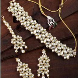 Peora Plated Kundan Pearl Bridal Choker Earrings & Maang Tikka Set-picture-40
