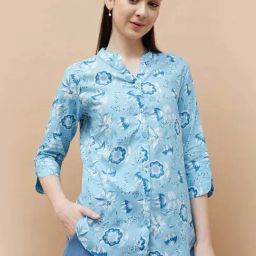 Colour Me By Melange Aqua Cotton Regular Fit Printed Shirt-image-26