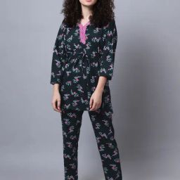 Kanvin Teal Floral Print Top with Pyjamas-image-82