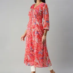 SHOWOFF Red Printed Calf Length A Line Kurta-image-66