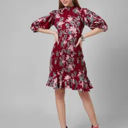Style Quotient Maroon Floral Print Fit & Flare Dress-image-22