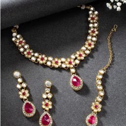 Peora Gold Plated Crystal Rani Pink Kundan Necklace Earrings & Maang Tikka Set-image-9