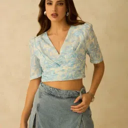 VIRGIO Blue Other Floral Short Sleeves Crop Top-picture-36