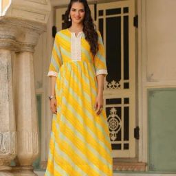 Scakhi Yellow Georgette Leheriya Flared Dress-image-31