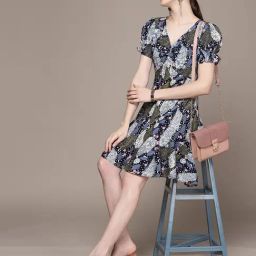 Label Ritu Kumar Blue Rayon Botanic Print Fit & Flare Short Dress-image-16
