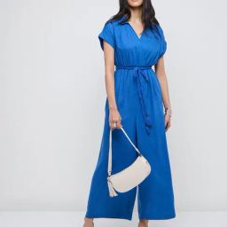 LOV by Westside Blue Solid Linen-Blend Jumpsuit with Belt-image-68