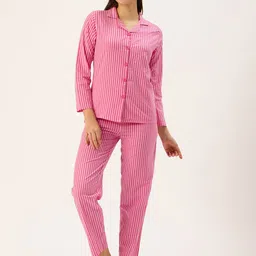 Clt.s Women Pure Cotton Striped Shirt With Pyjamas Night suits-image-80