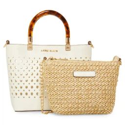Anne Klein White & Natural Textured Tote Handbag with Pouch-image-40