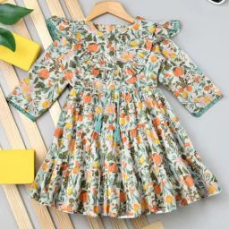 Bella Moda Girls Multi Cotton Three Fourth Sleeves Leaves Printed Dress-picture-8