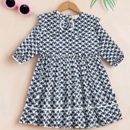 Bella Moda Girls Blue Cotton Three Fourth Sleeves Abstract Printed Dress-image-64