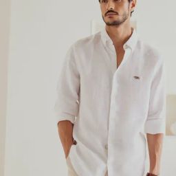 Andamen White Linen Slim Fit Solid Shirt-image-123