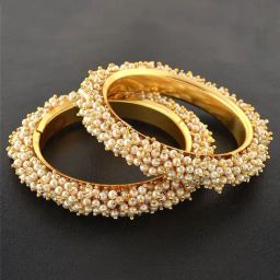 Zeneme Gold Plated Intricate Design Textured White Pearl Bangles for Women Set of 2-21