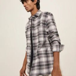 Nuon by Westside Dark Grey Checks Printed Relaxed-Fit Cotton Shirt-image-41