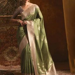 Soch Light Green Tussar Leaf Pattern Zari Woven Saree-image-1