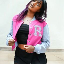 IZF Pink Color-Block Crop Varsity Jacket-image-22