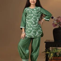 Fashion Dream Kids Olive Embroidered Kurti With Salwar Pants Set-picture-2