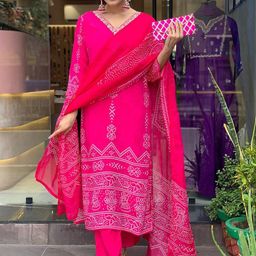 ZIBLON Women Bandhani Printed Regular Silk Crepe Kurta with Trousers & With Dupatta-picture-48