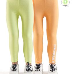 Honeyhap Premium Super Soft & Stretchable Biowashed Full Length Solid N Placement Print Leggings Pack Of 2 -  Buff Orange Sunny Lime-image-55