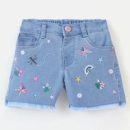 Babyhug Cotton Spandex Mid Thigh Length Washed Stretchable Shorts Nature Embroidery Blue (Fly With Zipper)-picture-12