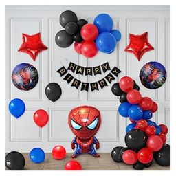 Bubble Trouble Spiderman Theme Birthday Decoration Items Kit with Foil Balloon Set Black Red & Blue Pack of -53-image-78