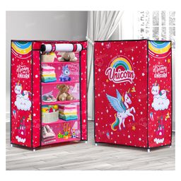 Fiddlerz Almira 5 Shelves Multipurpose  Cabinet with Zip Door Cover Side Pockets Collapsible Rack for Clothes Toys (Unicorn Design) - Pink-13