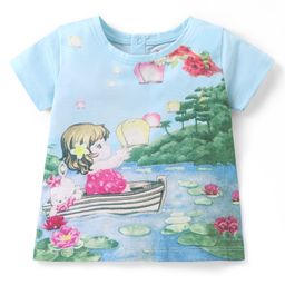 Babyhug 100% Cotton Knit Half Sleeves Top Scenery Print - Light Blue-image-95