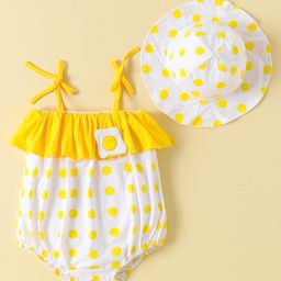 Kookie Kids Sleeveless Onesie with Cap Omlet Patch & Polka Dots Print - Yellow & White-image-59