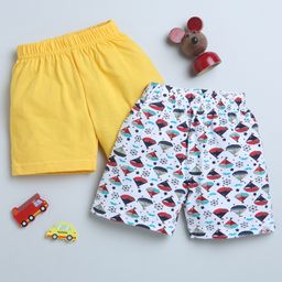BUMZEE Pack Of 2 Solid & Ship Printed Shorts - White & Yellow-picture-1