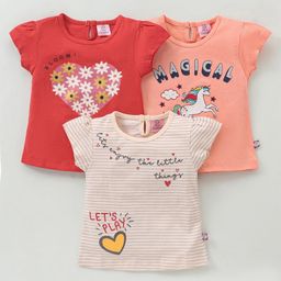 Mini Donuts Cotton Knit Half Sleeves Tops with Floral Print Pack of 3- Multicolour-image-38