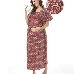 Bella Mama Cotton Woven Half Sleeves Square Printed Maternity Nursing Nighty - Maroon-image-50