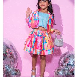 Lil Drama Mattel Featuring Sequin Embellished Top With Full Sleeves Barbie Printed Coordinating Shrug & Skirt Set - Pink-image-84