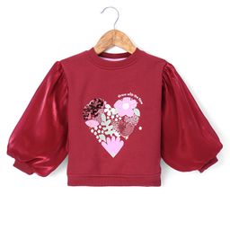 Little Kangaroos Knit Full Volume Sleeves Sweatshirt with Heart Design & Sequin Detailing - Red-image-2
