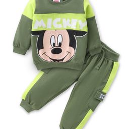 Babyhug Disney Cotton Knit Full Sleeves Sweatshirt & Lounge Pants Set With Front & Back Mickey Mouse Graphics - Green-image-99