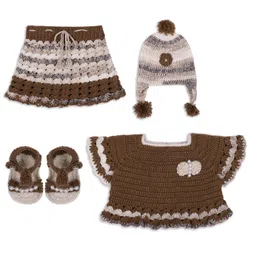 Windrop Solutions Wool Half Sleeves Pearl Embellished Floral Applique Designed Crocheted Sweater Set - Brown-picture-43