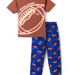 Pine Kids Single Jersey Knit Half Sleeves Night Suit with Rugby Ball Print - Navy Blue & Brown-image-12