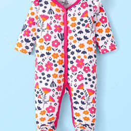 Doodle Poodle Interlock Knit Full Sleeves Footed Sleep Suit with Floral Print - White & Pink-image-13
