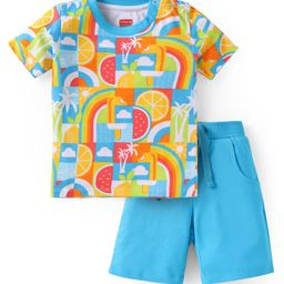 Babyhug Single Jersey Knit Half Sleeves T-Shirt & Shorts Set with Tropical Theme Print - Light Blue-picture-1