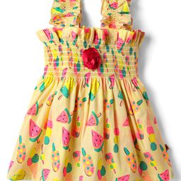 Dew Drops Cotton Woven Sleeveless Frock with Smock Detailing & Floral Print - Yellow-image-32